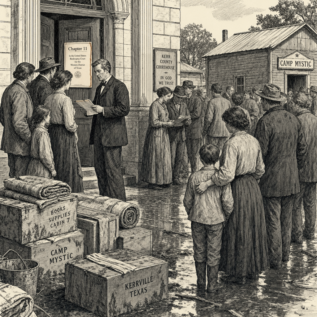 Illustration accompanying article: Camp Mystic files for bankruptcy after 28 died in 2025 Texas flood