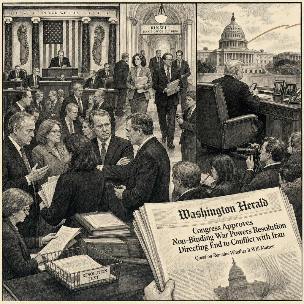 Illustration accompanying article: Congress has told Trump to stop the Iran war, will it matter?