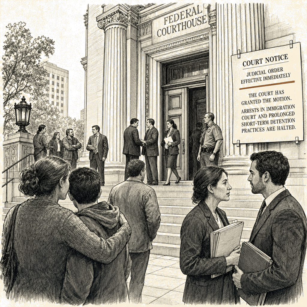 Illustration accompanying article: Federal judge blocks Trump policy that allows immigration court arrests