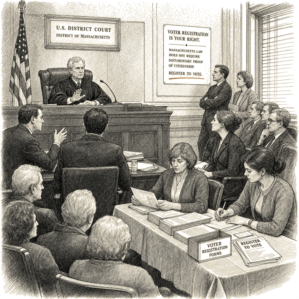 Illustration accompanying article: Federal judge blocks Trump proof-of-citizenship voting order