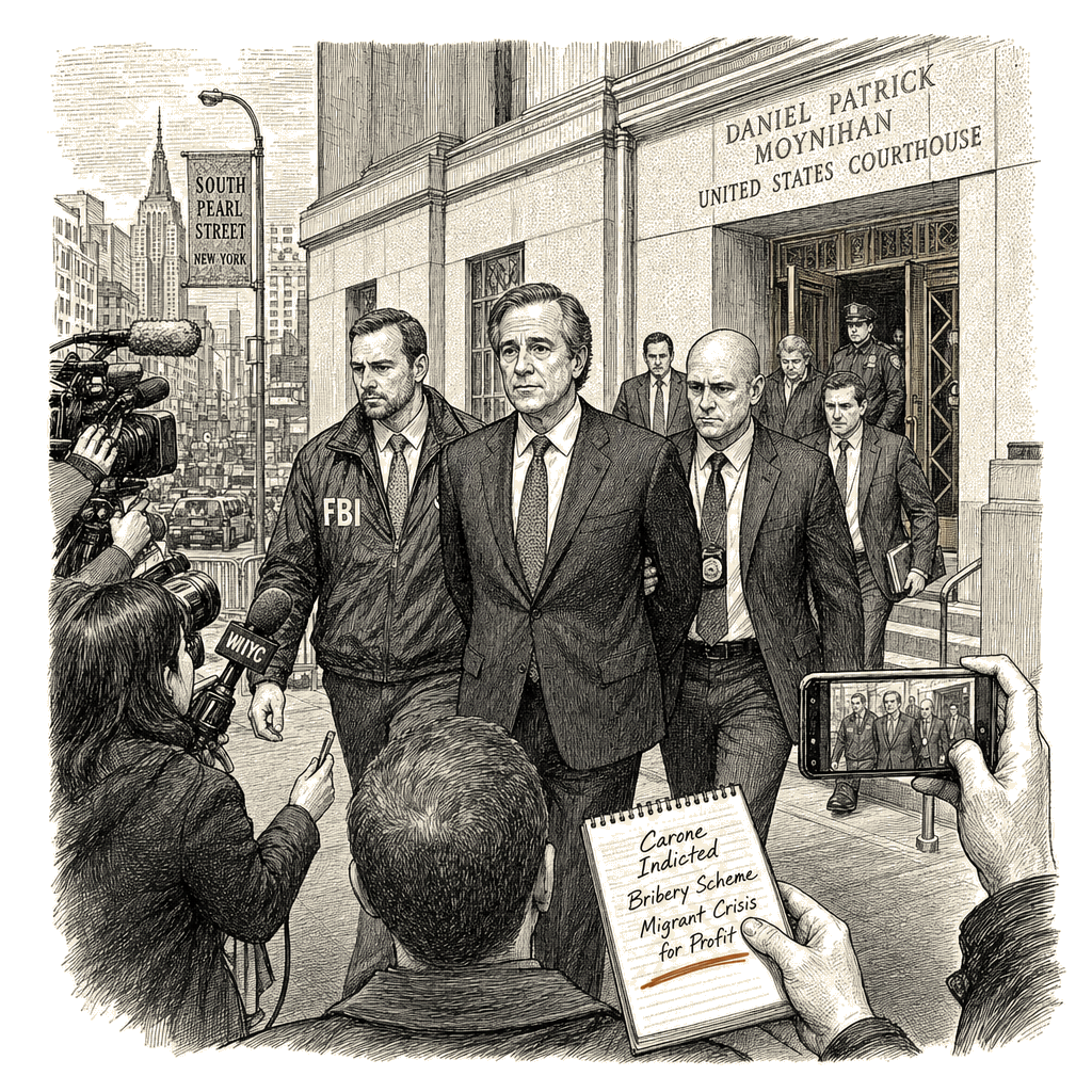 Illustration accompanying article: Former NYC chief of staff Frank Carone indicted in bribery scheme