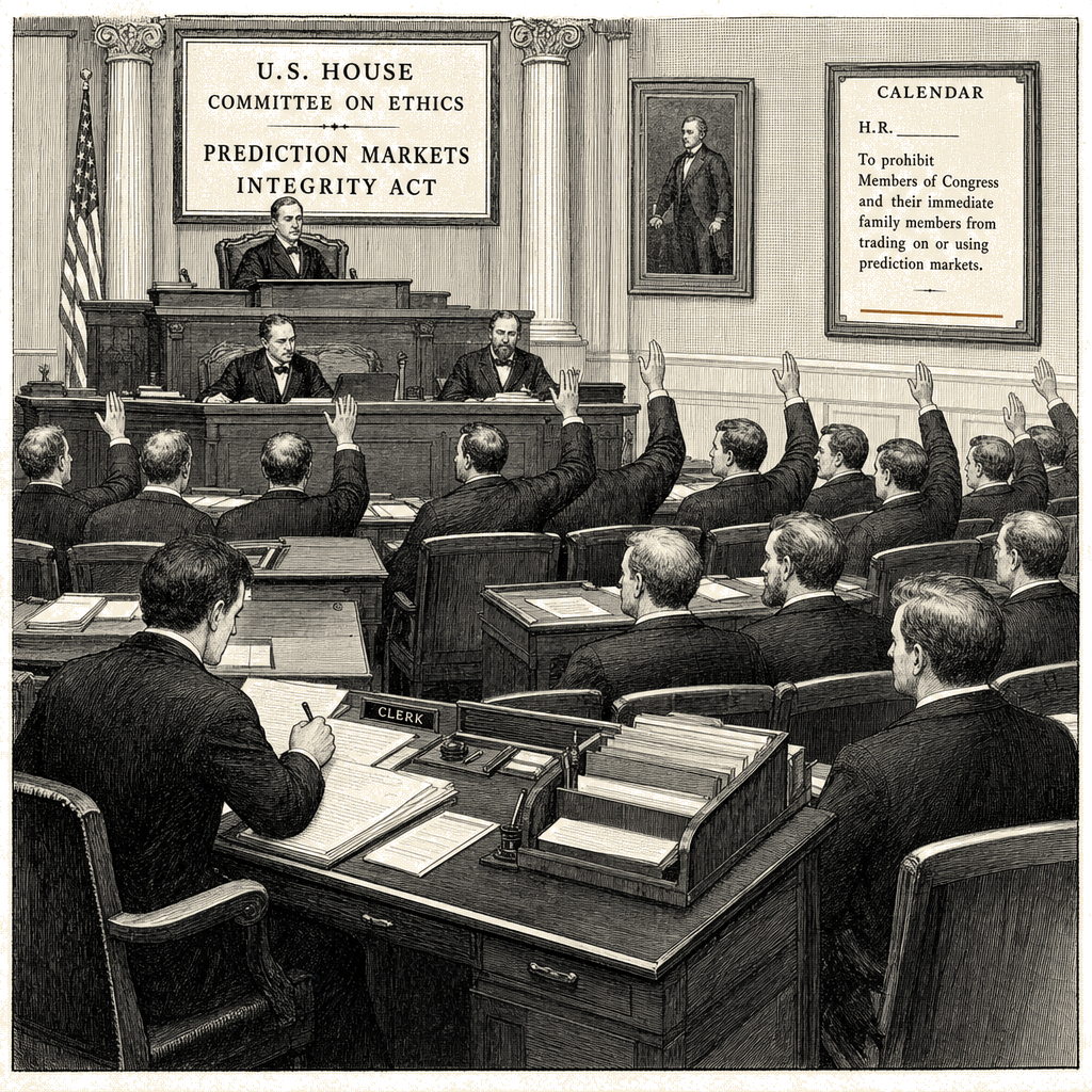 Illustration accompanying article: House panel advances bill banning lawmakers from political betting markets
