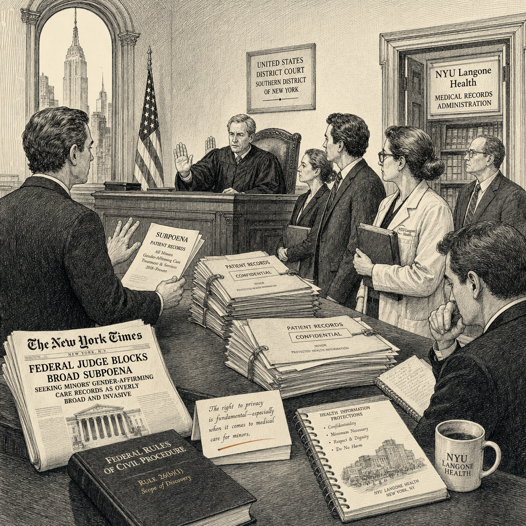Illustration accompanying article: Judge blocks subpoena for medical records of transgender youth in New York