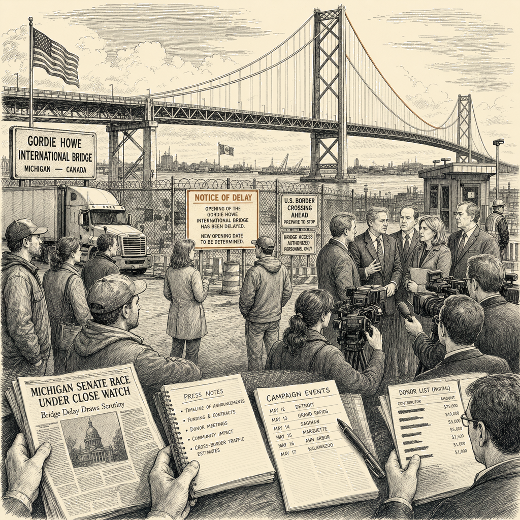 Illustration accompanying article: McMorrow ad accuses Trump of delaying Gordie Howe bridge to aid donor