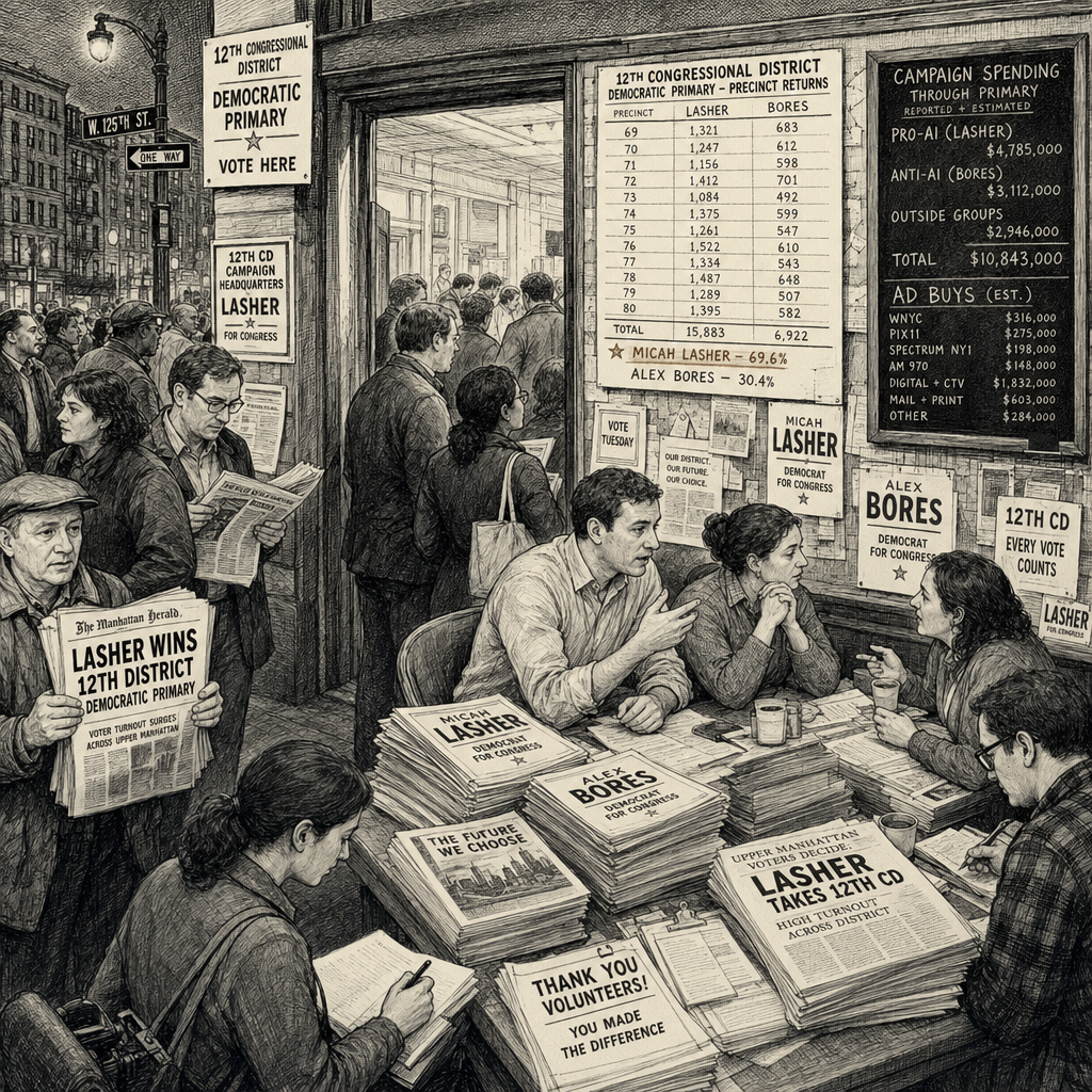 Illustration accompanying article: Pro- and anti-AI groups spent $24m on New York congressional race