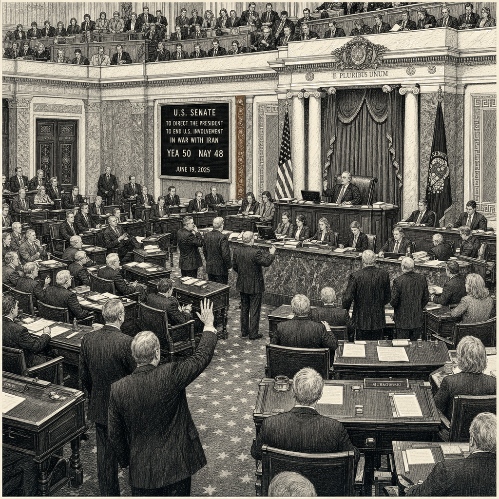 Illustration accompanying article: Senate votes 50-48 to direct Trump to end Iran war in bipartisan rebuke