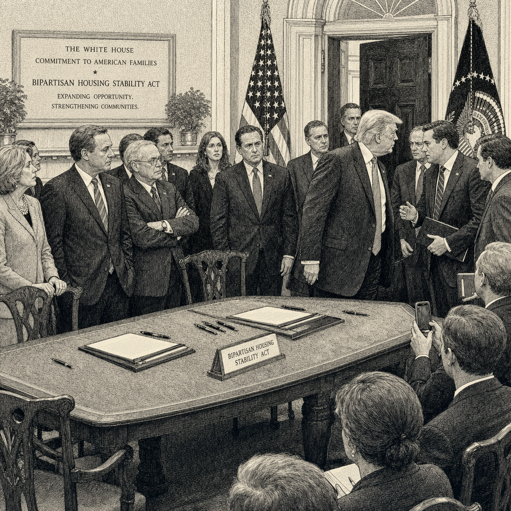 Illustration accompanying article: Trump abruptly cancels signing ceremony for bipartisan housing bill