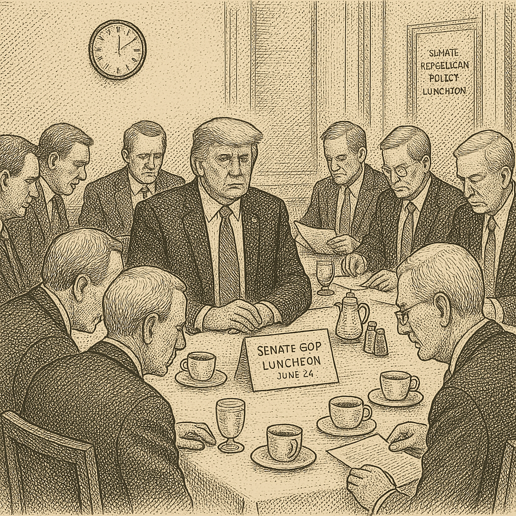 Illustration accompanying article: Trump to lunch with Senate GOP after Iran war powers rebuke