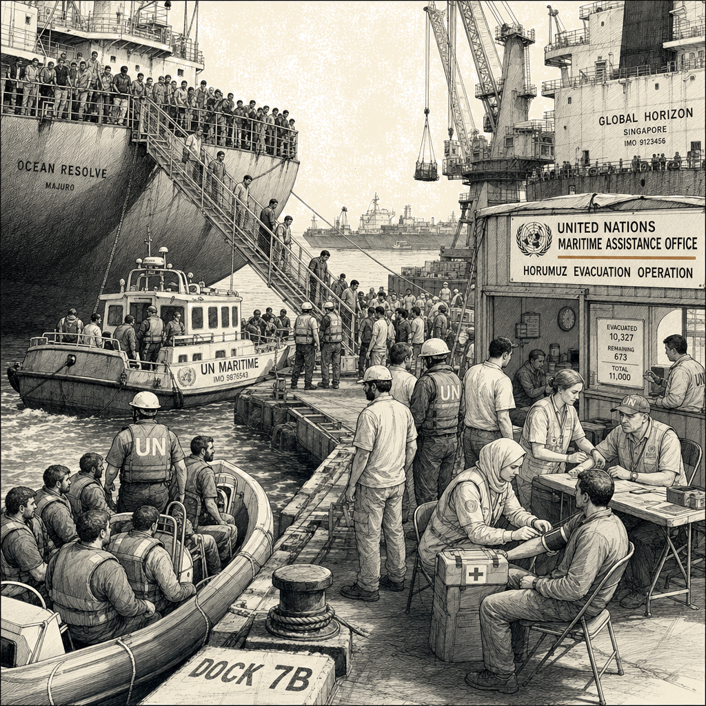 Illustration accompanying article: UN agency to evacuate 11,000 sailors stranded by Hormuz crisis