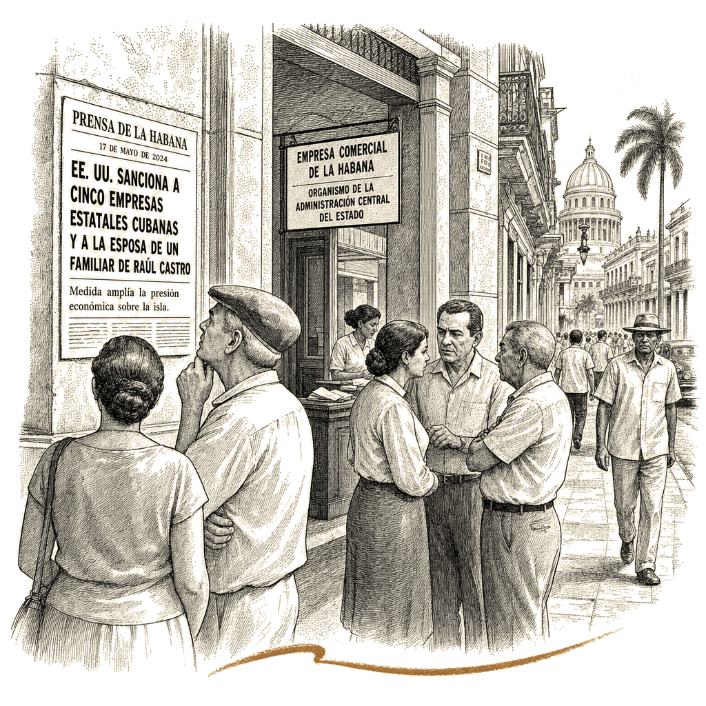 Illustration accompanying article: US sanctions five Cuban state firms, Castro family member