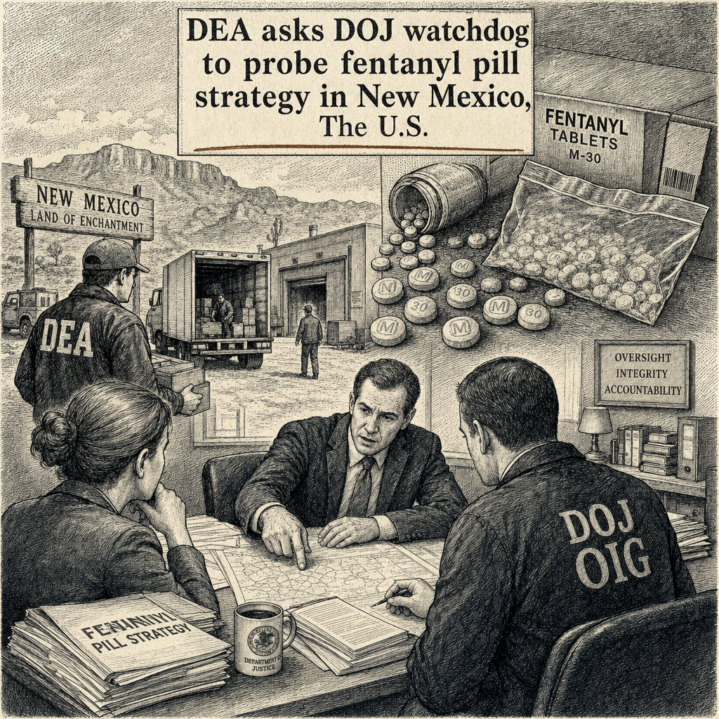 Illustration accompanying article: DEA asks DOJ watchdog to probe fentanyl pill strategy in New Mexico