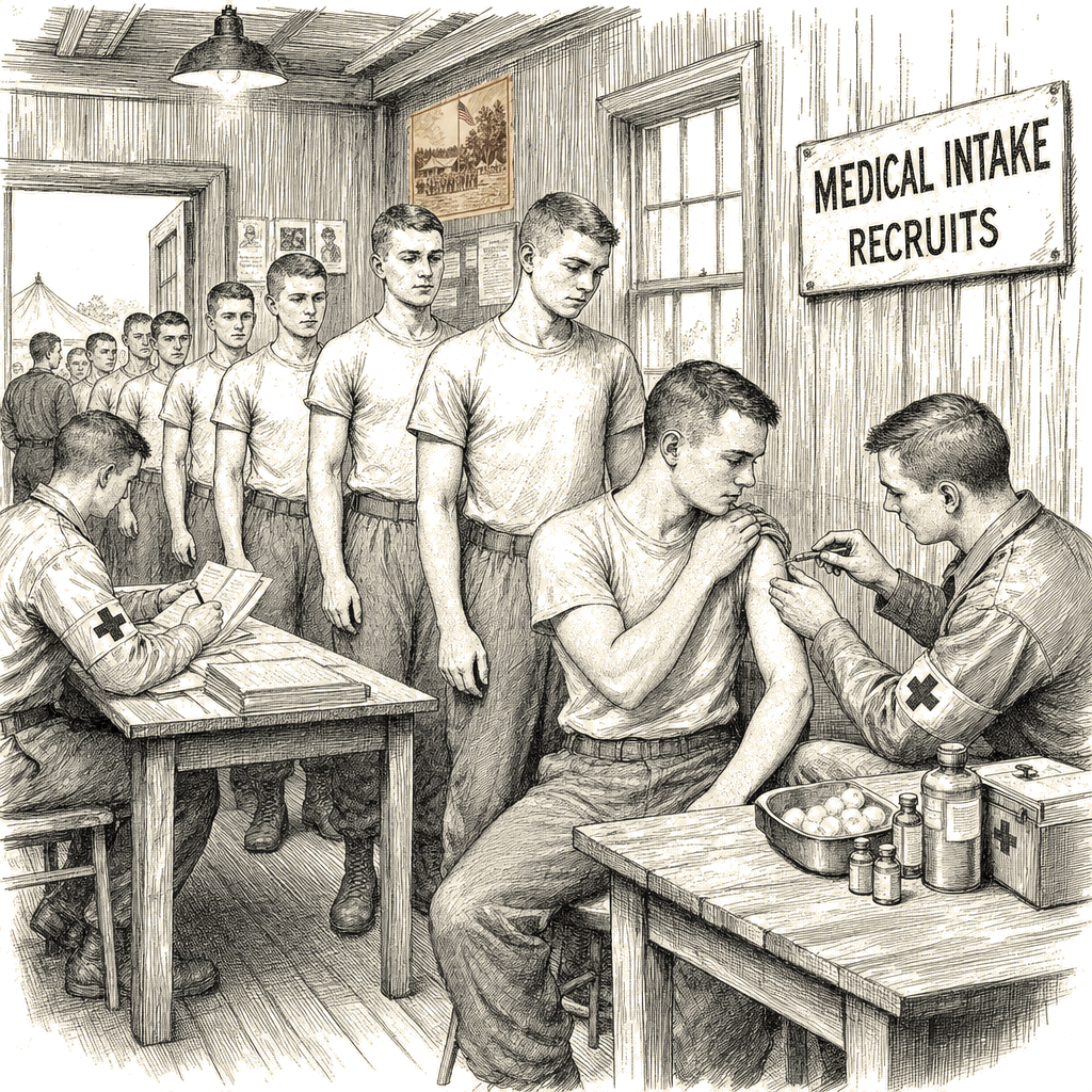 Illustration accompanying article: Pentagon restores mandatory flu shots for recruits amid boot camp outbreak