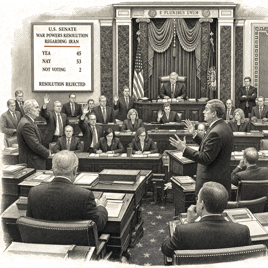 Illustration accompanying article: Senate Republicans reject Iran war powers resolution after Trump pressure