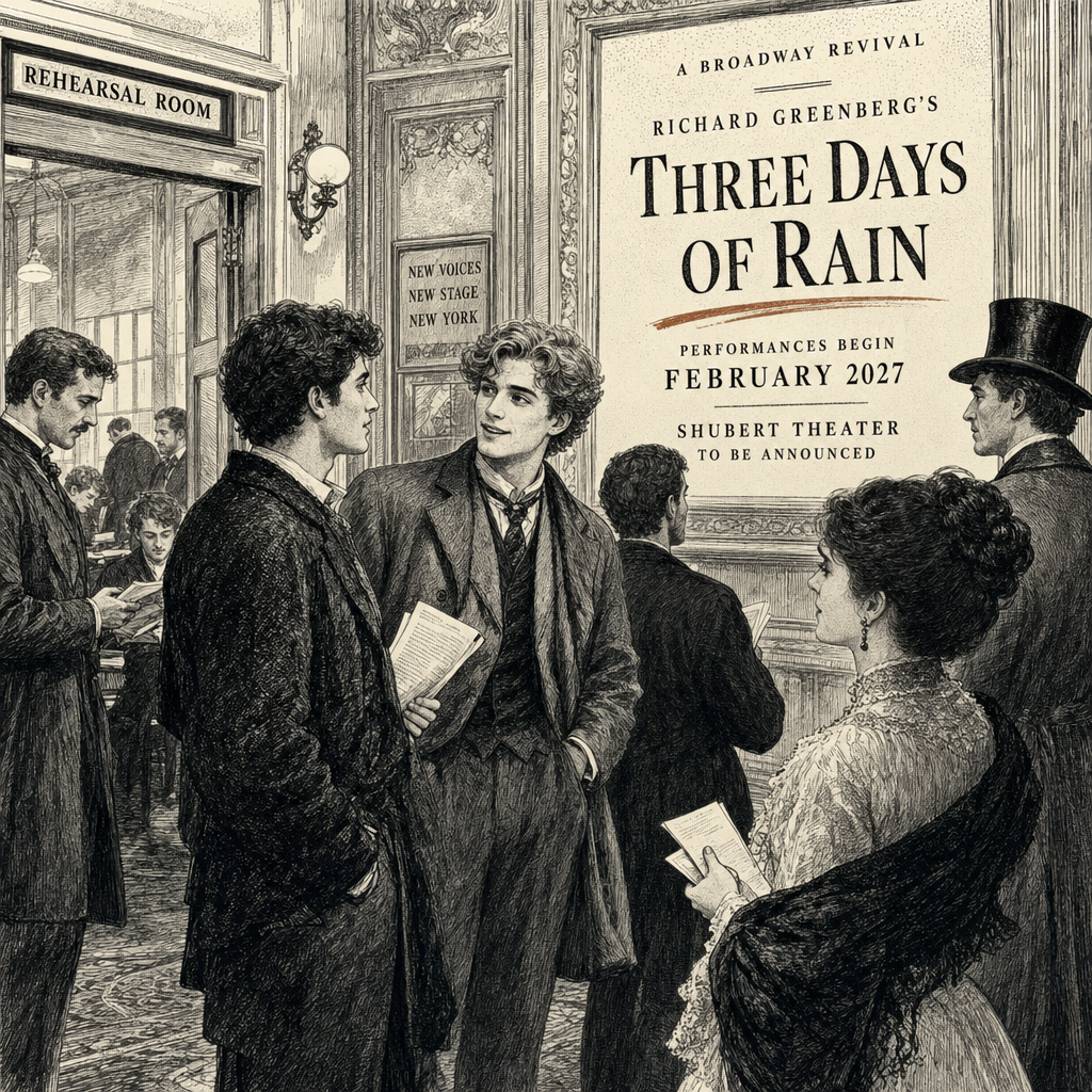 Illustration accompanying article: "Superman" star David Corenswet to make Broadway debut in "Three Days of Rain"