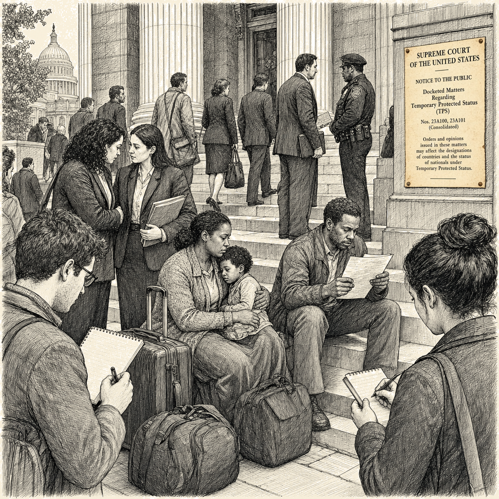 Illustration accompanying article: Supreme Court allows Trump to end TPS protections for Haitians, Syrians