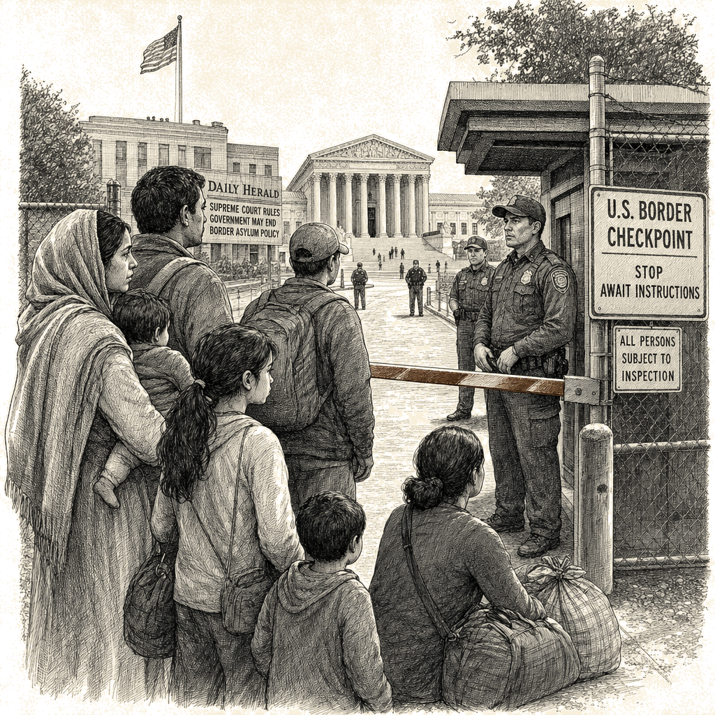 Illustration accompanying article: Supreme Court allows Trump to turn back asylum seekers at border