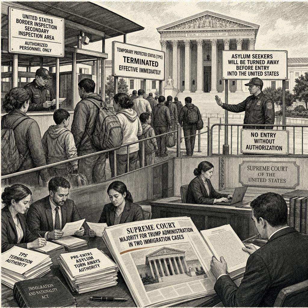 Illustration accompanying article: Supreme Court hands Trump double victory on immigration enforcement
