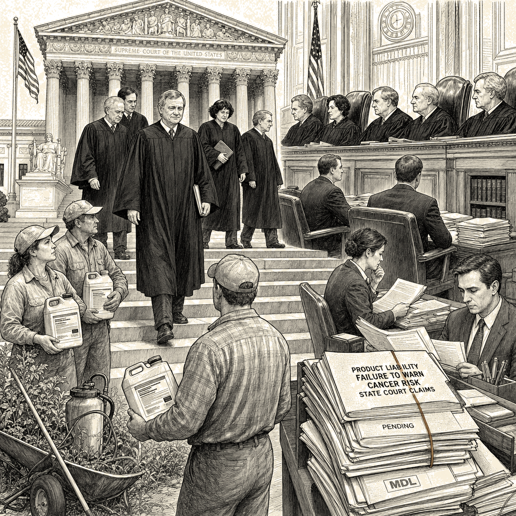 Illustration accompanying article: Supreme Court shields Monsanto from Roundup failure-to-warn claims
