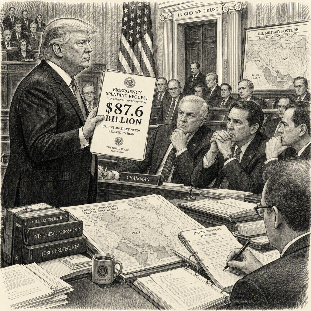 Illustration accompanying article: Trump asks Congress for $87.6 billion, mostly for Iran war