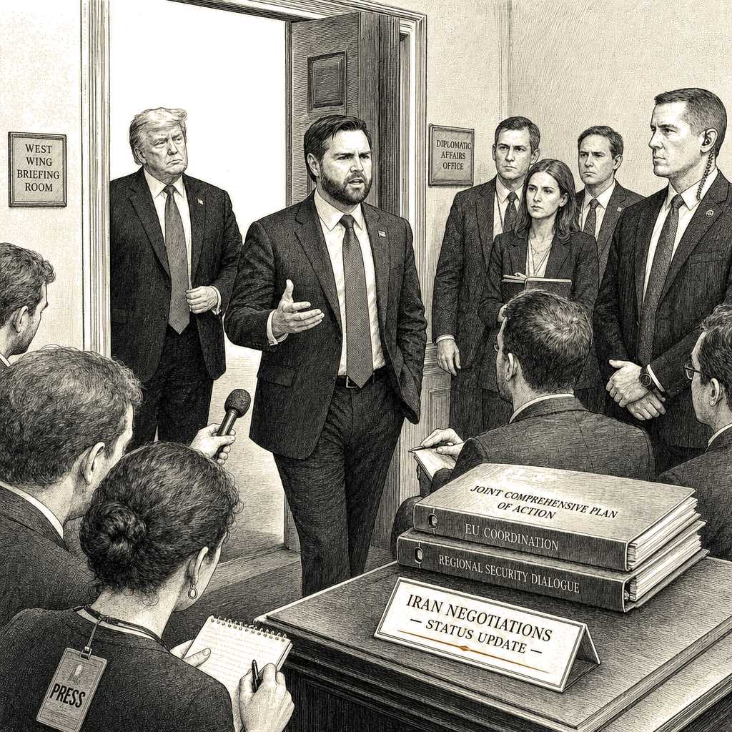 Illustration accompanying article: Vance takes lead on Iran deal as Trump signals fall guy role