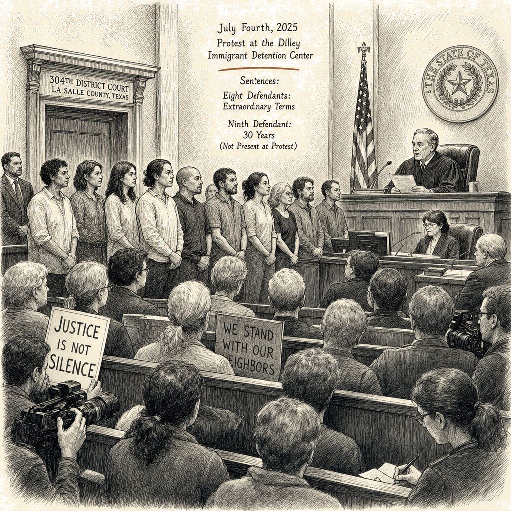 Illustration accompanying article: Alarm grows over extreme sentences in Texas ICE protest case
