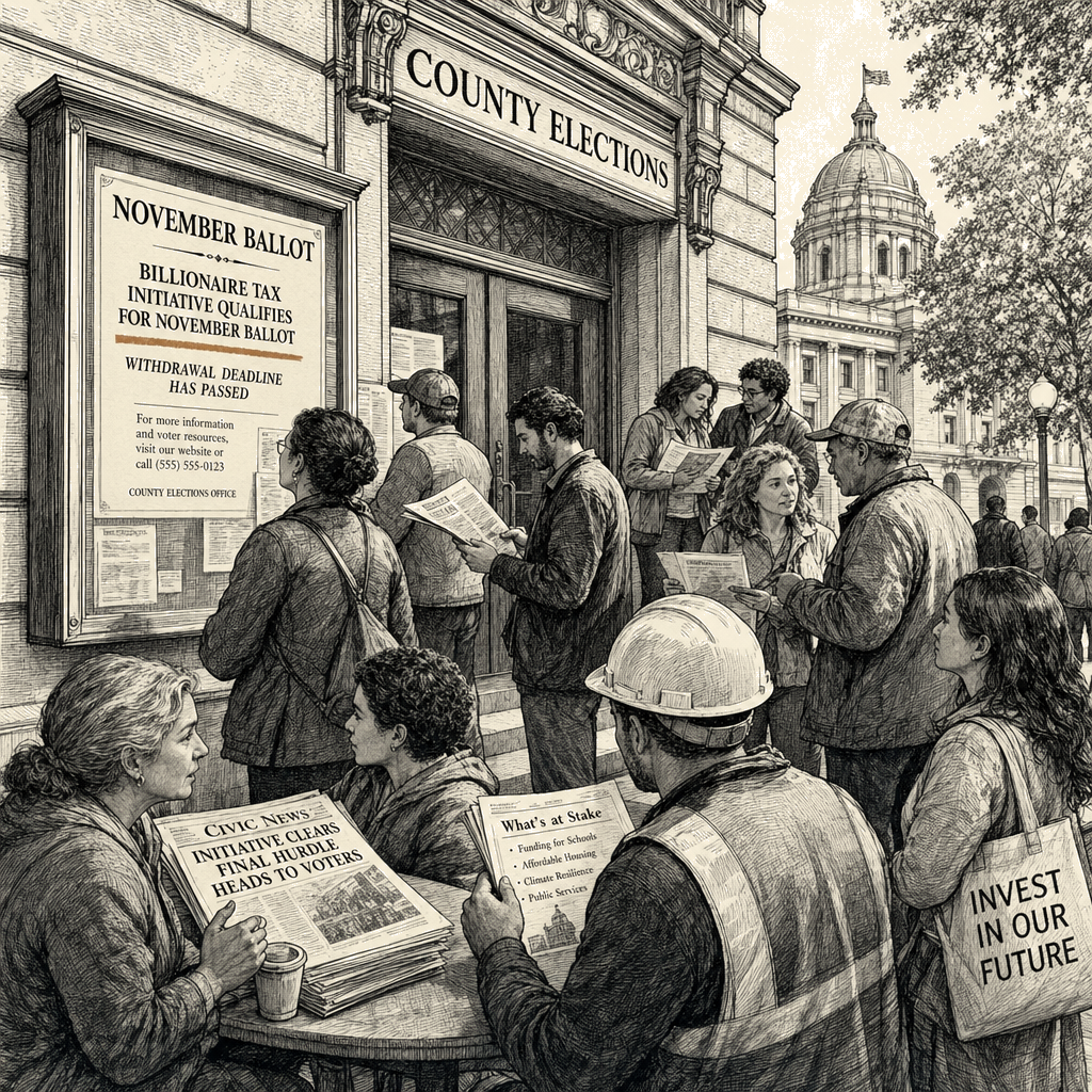 Illustration accompanying article: California billionaire tax heads to November