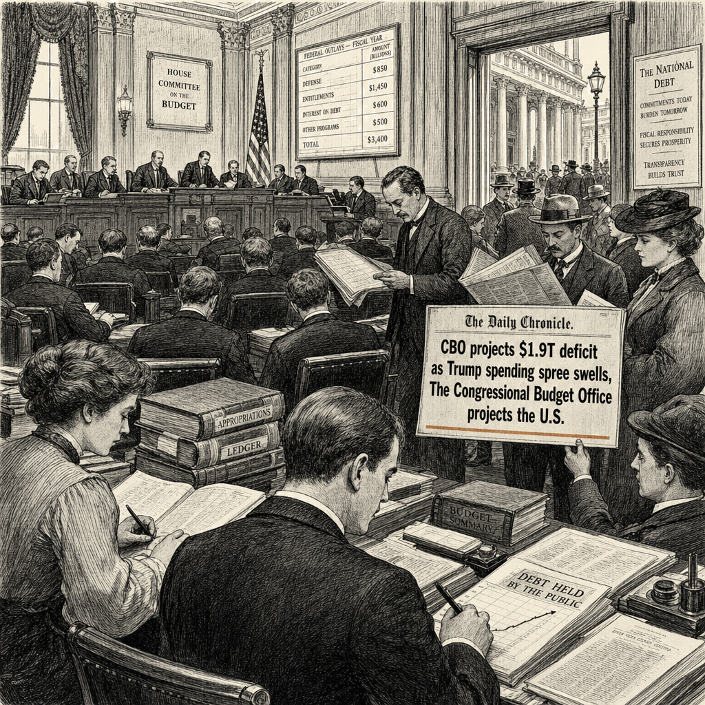Illustration accompanying article: CBO projects $1.9T deficit as Trump spending spree swells