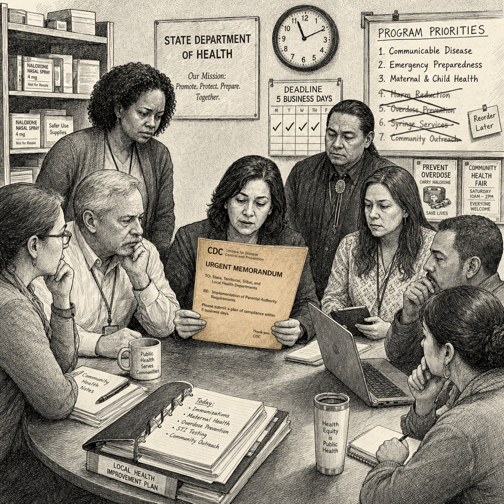 Illustration accompanying article: CDC tells health programs to deprioritize harm reduction within days