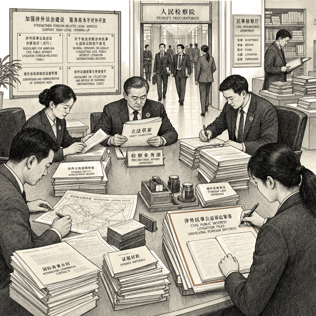 Illustration accompanying article: China readies law empowering prosecutors to sue foreign entities