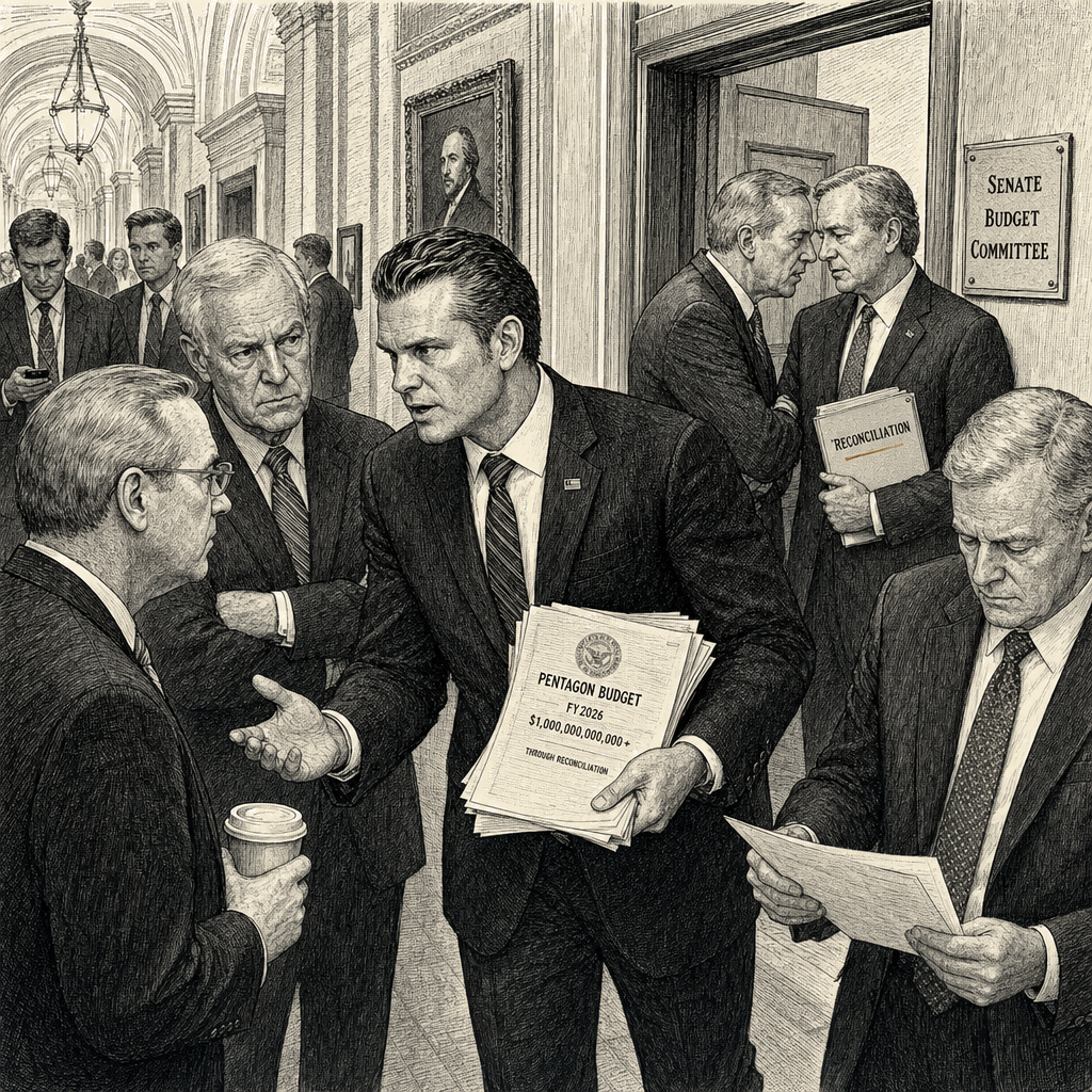 Illustration accompanying article: Hegseth seeks Republican support for $1.5T defense budget via reconciliation