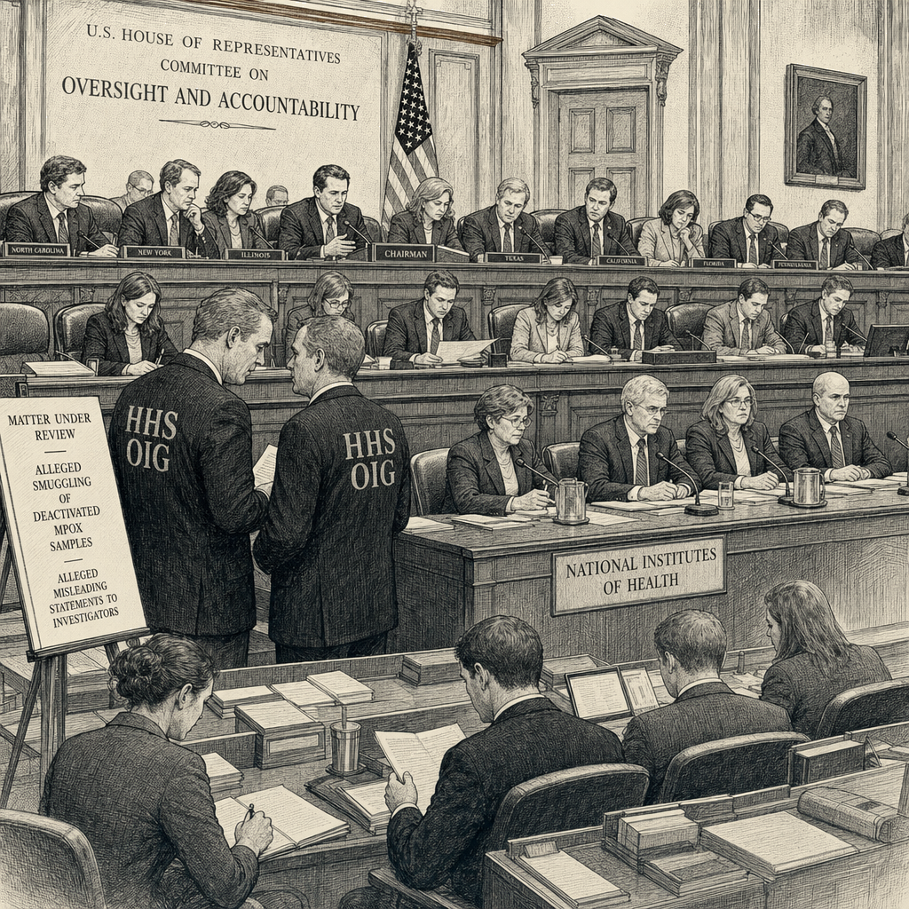 Illustration accompanying article: House panel probes NIH after scientists charged with smuggling mpox