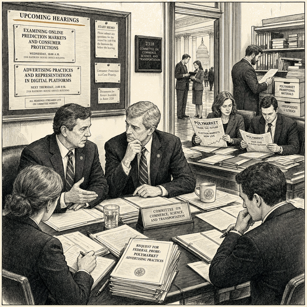 Illustration accompanying article: Lawmakers call for federal probe of Polymarket over deceptive advertising