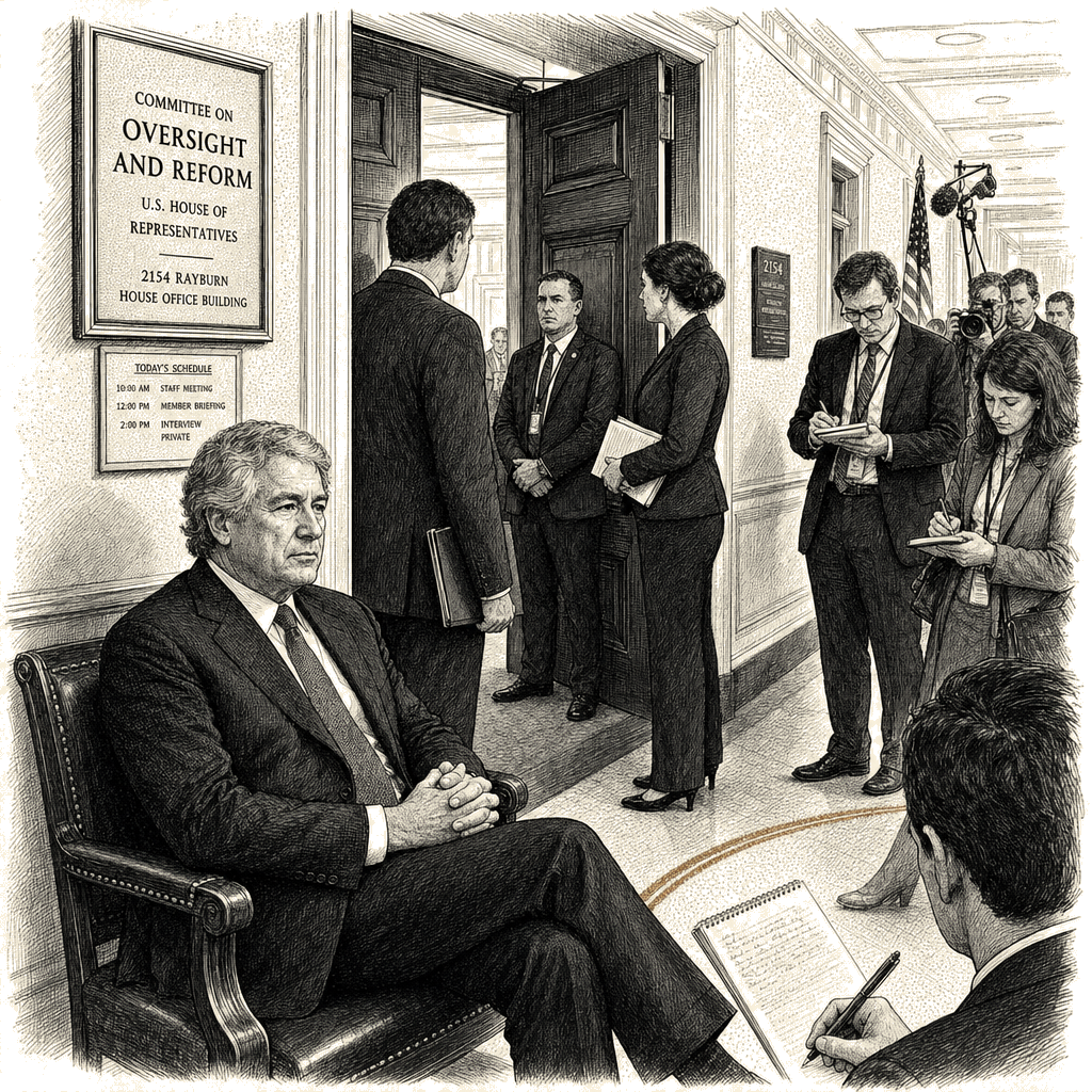 Illustration accompanying article: Leon Black to testify Friday before House panel investigating Epstein ties