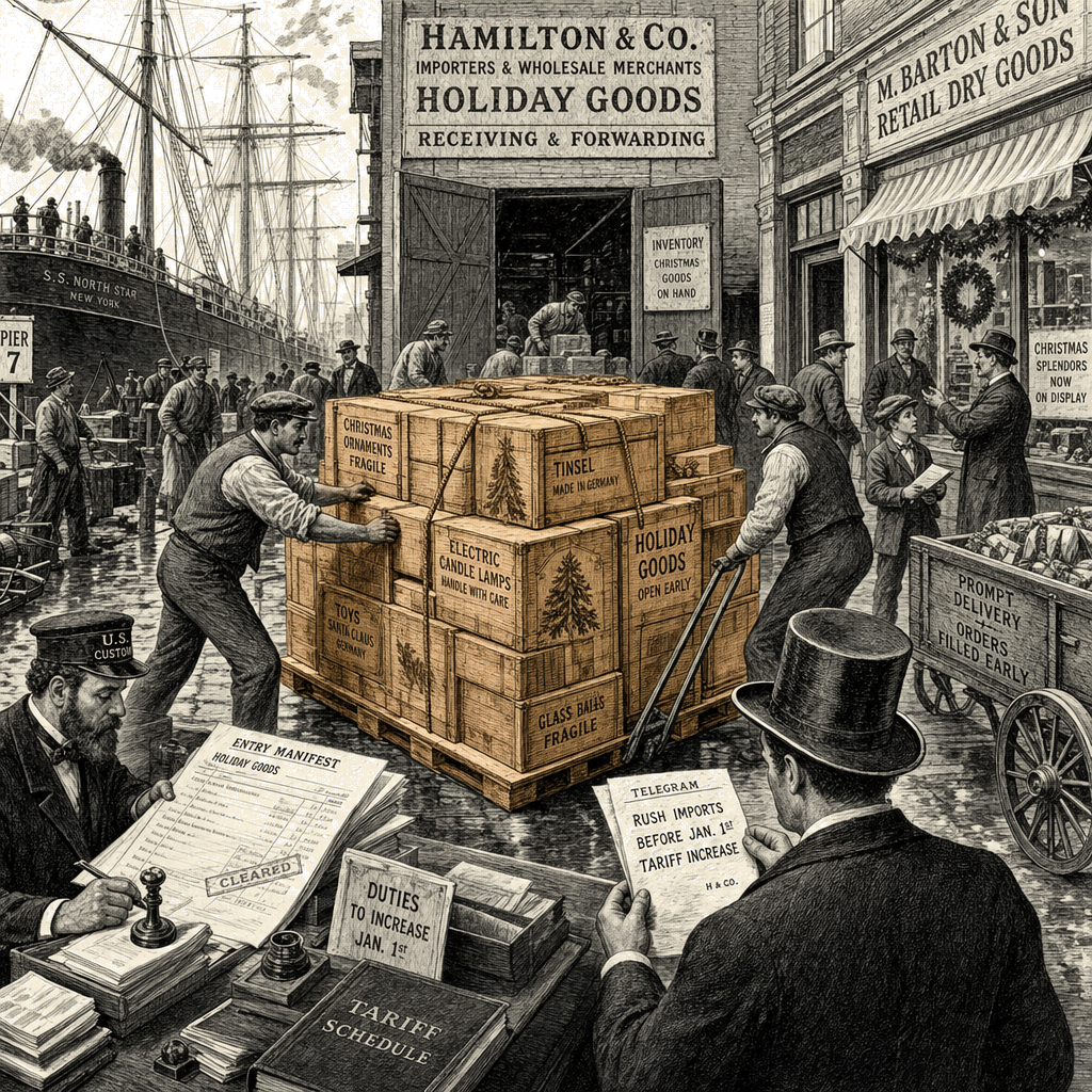 Illustration accompanying article: Retailers rush holiday imports early to avoid looming costs