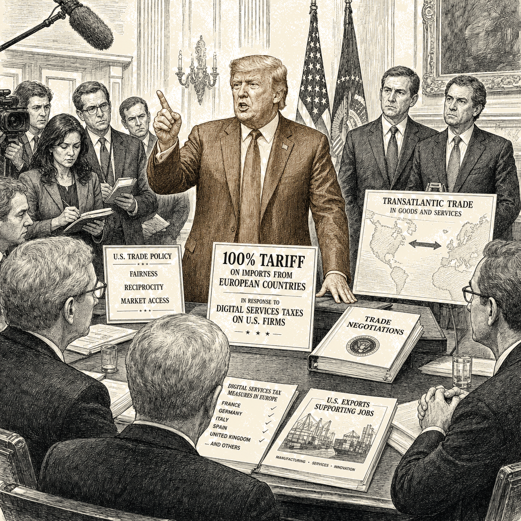Illustration accompanying article: Trump threatens 100% tariff on European nations over digital services tax