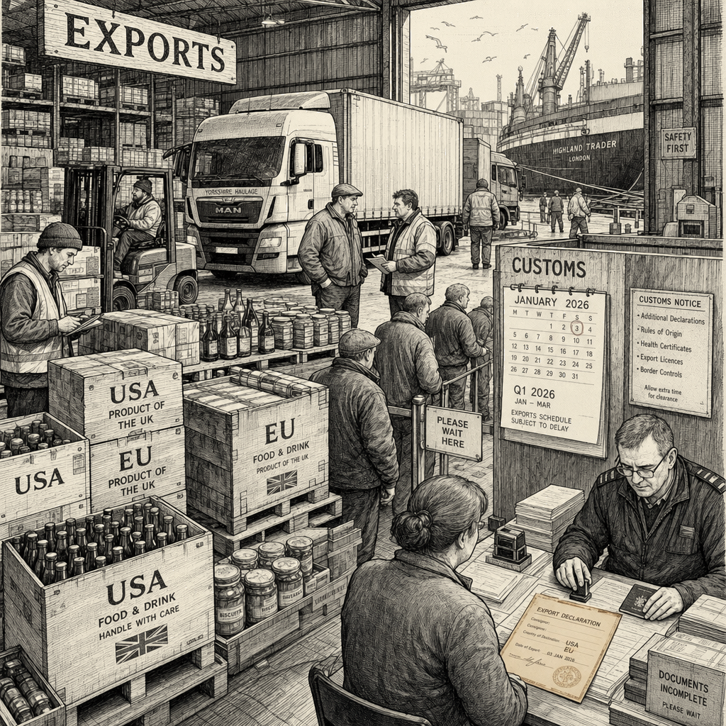 Illustration accompanying article: UK food and drink exports fall to decade low amid US tariffs and Brexit friction
