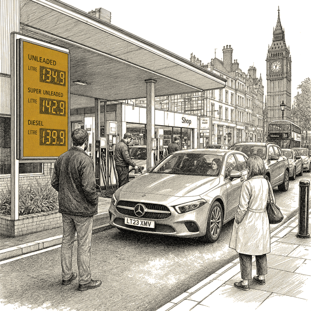 Illustration accompanying article: UK pump prices fall as Brent crude returns to pre-Iran war levels