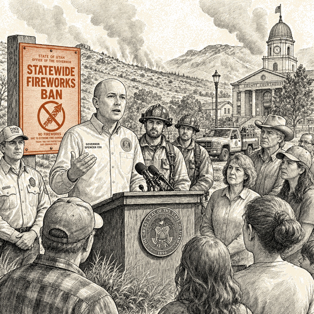 Illustration accompanying article: Utah Gov. Cox bans fireworks statewide amid historic wildfire conditions