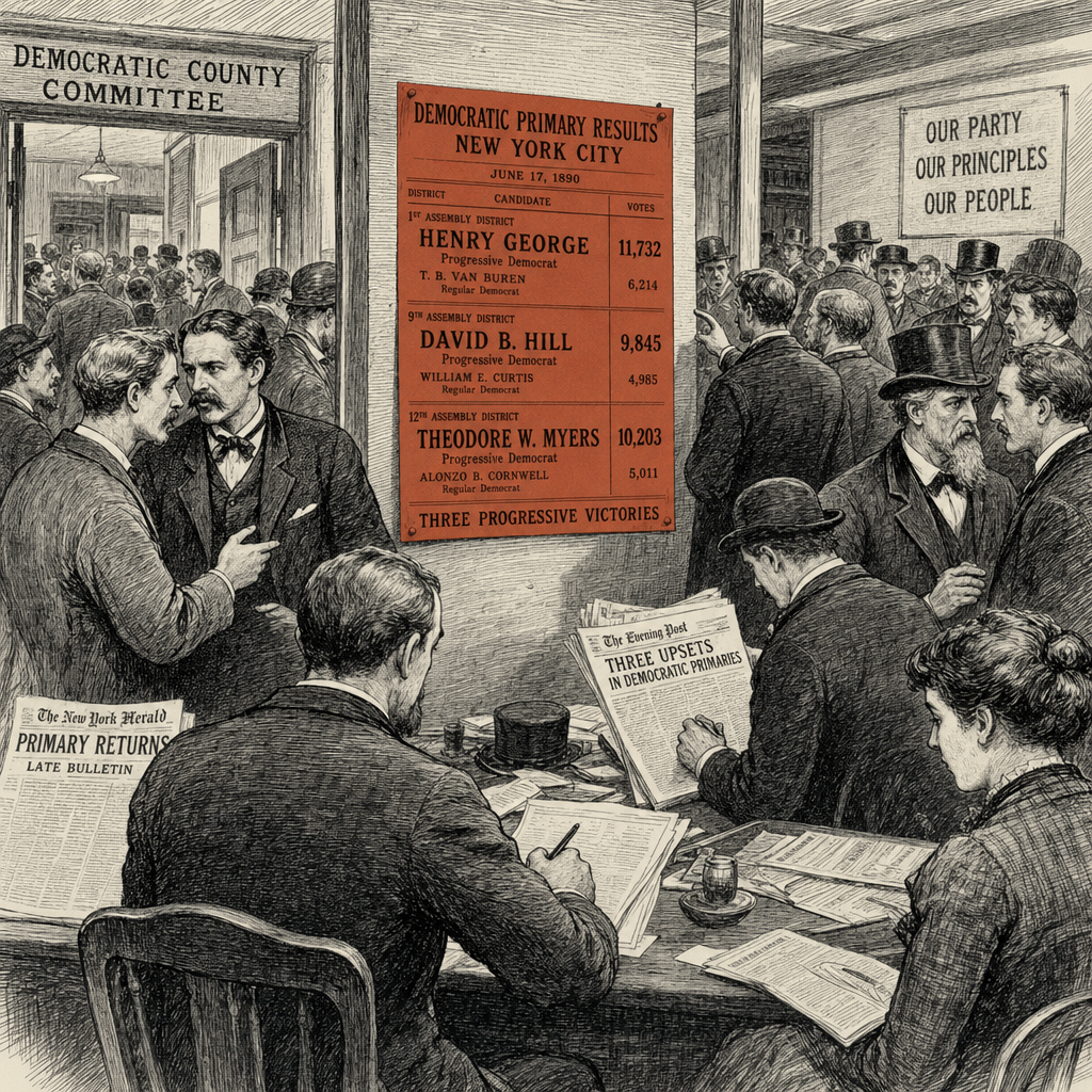 Illustration accompanying article: Far-left gains in New York primaries deepen Democratic civil war