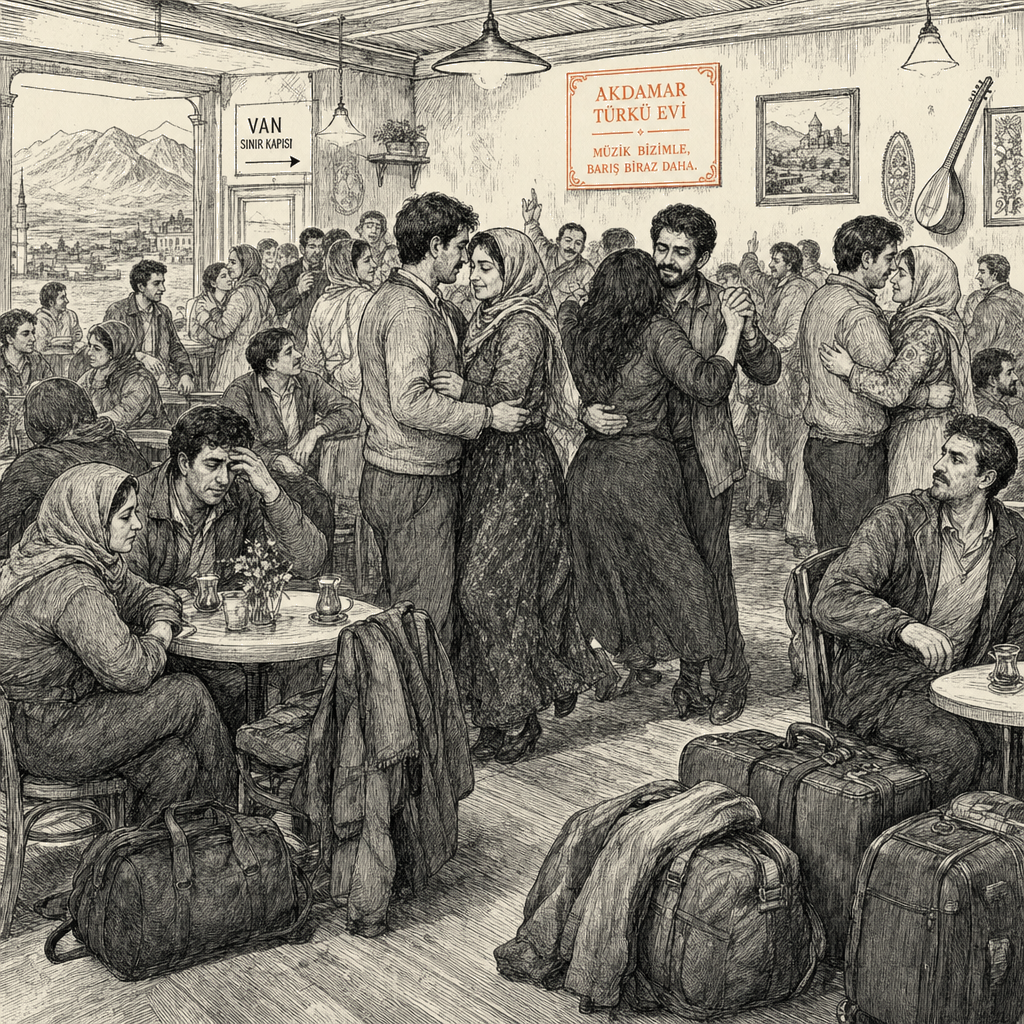Illustration accompanying article: Iranians weary of war decompress on a Turkish dance floor