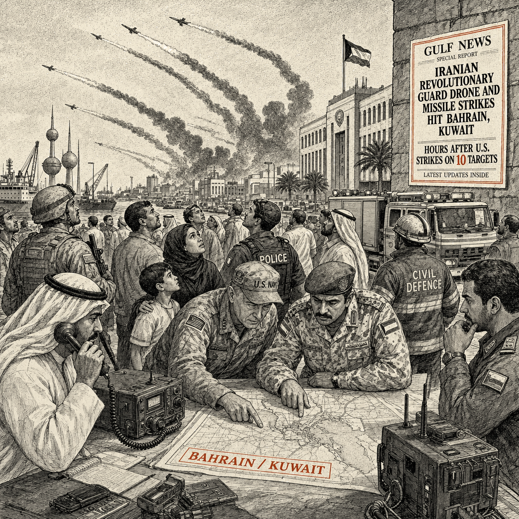 Illustration accompanying article: Iran's Revolutionary Guard strikes Bahrain, Kuwait as U.S. hits 10 targets
