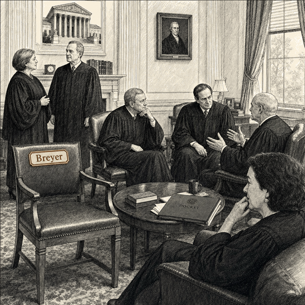 Illustration accompanying article: Some justices say they miss retired colleague Stephen Breyer