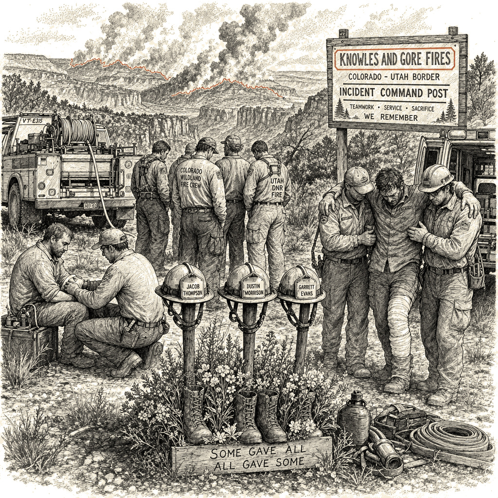 Illustration accompanying article: Three wildland firefighters die in Colorado-Utah border blazes
