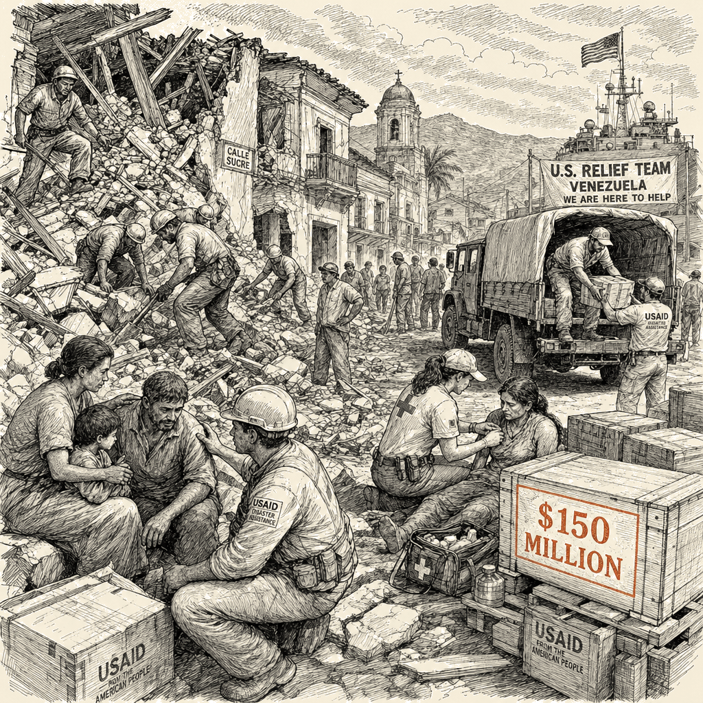 Illustration accompanying article: U.S. deploys rescue teams and $150 million to Venezuela after quakes kill 920