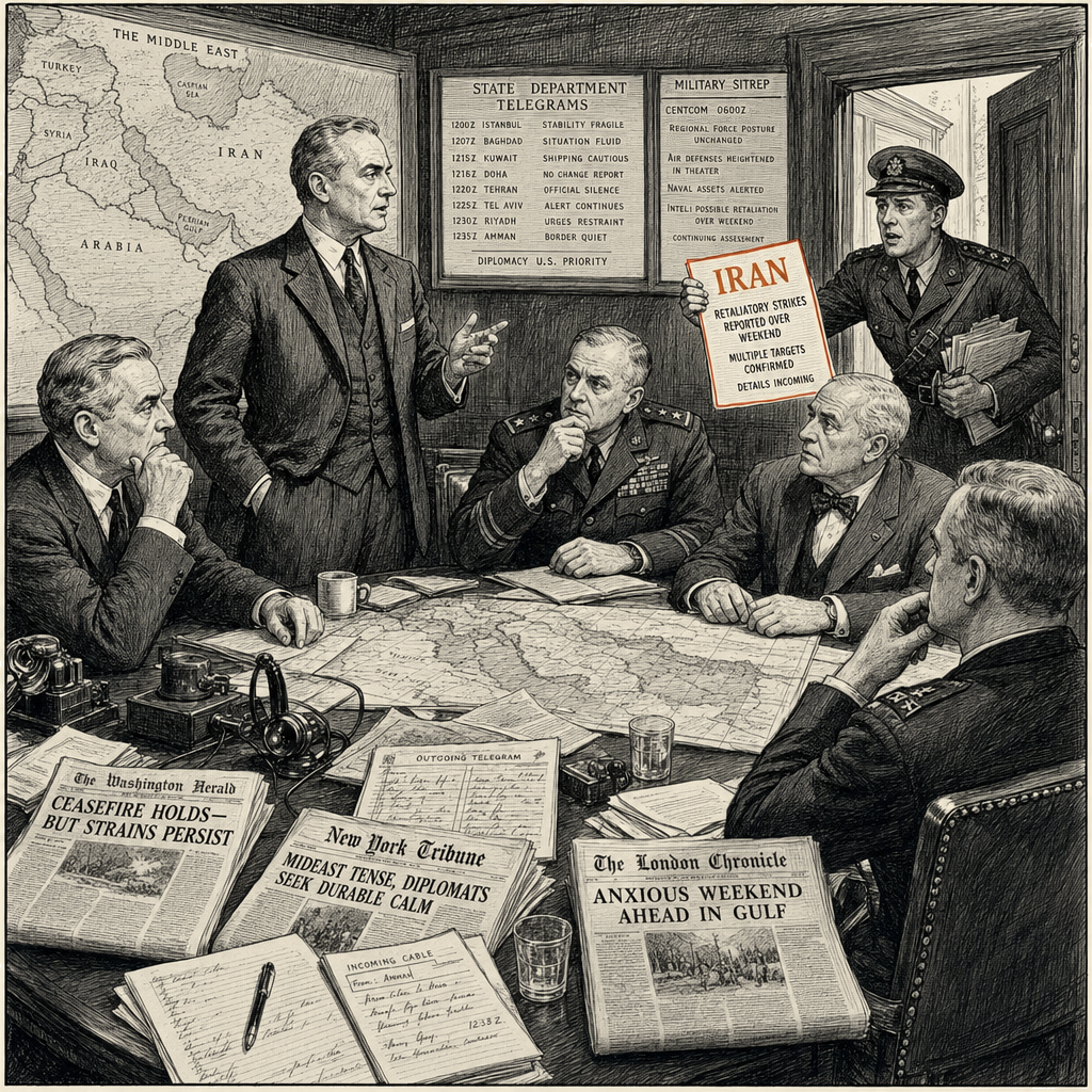 Illustration accompanying article: Vance says US wins either way on Iran as ceasefire frays