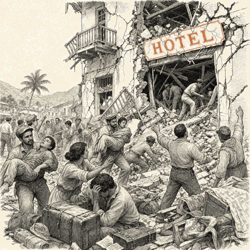 Illustration accompanying article: Deportees held at Venezuela hotel when quakes struck, survivors say