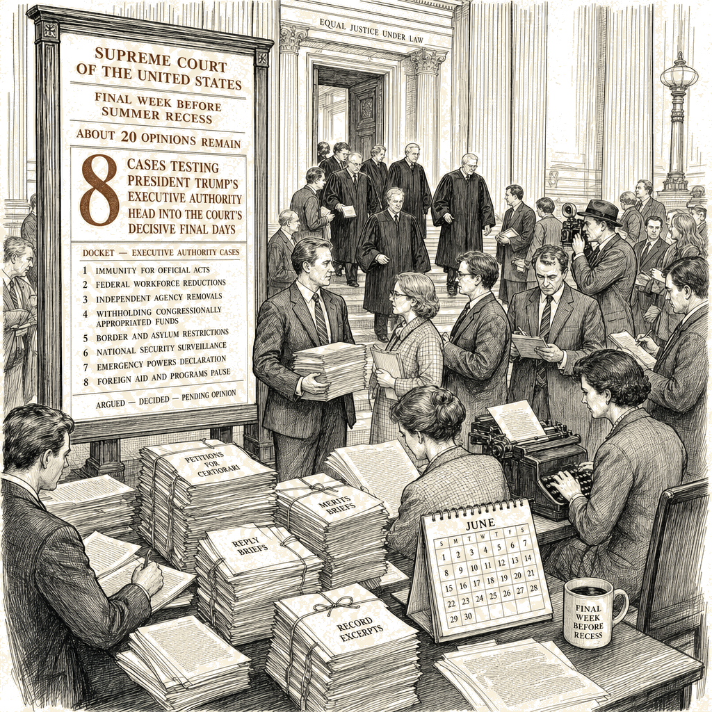 Illustration accompanying article: Eight cases on Trump's executive authority head Supreme Court's final week