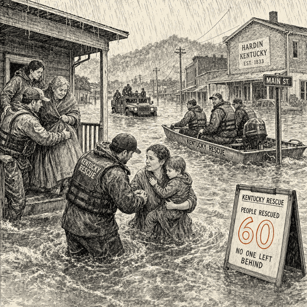 Illustration accompanying article: Flash flooding kills at least 4 in Kentucky, prompting 60 water rescues