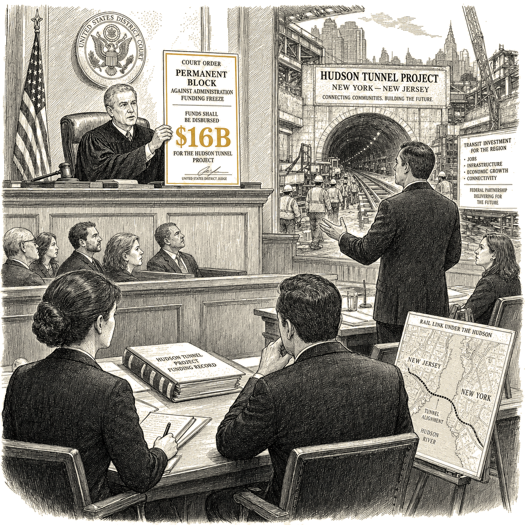 Illustration accompanying article: Judge permanently blocks Trump from withholding $16B Hudson tunnel funds