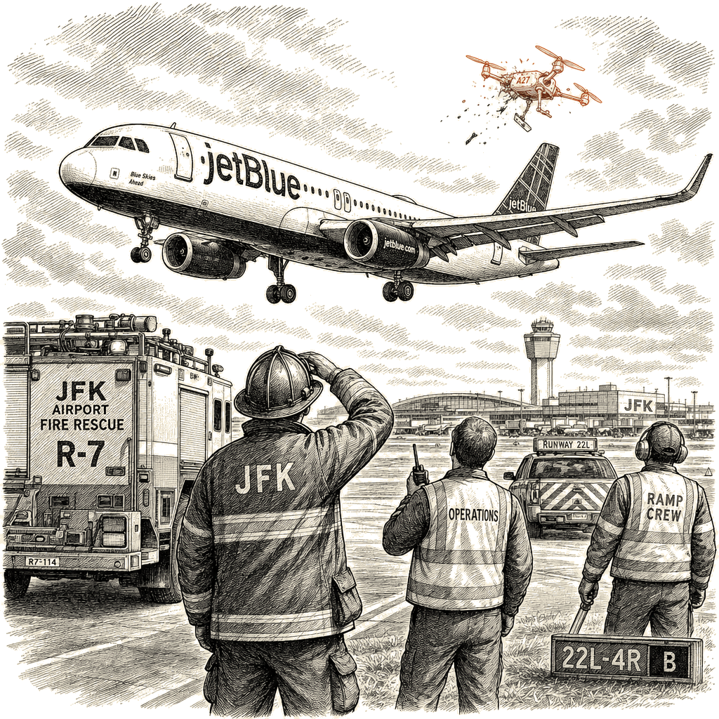 Illustration accompanying article: Pilot: JetBlue flight struck drone at 3,000 feet, lands safely at JFK